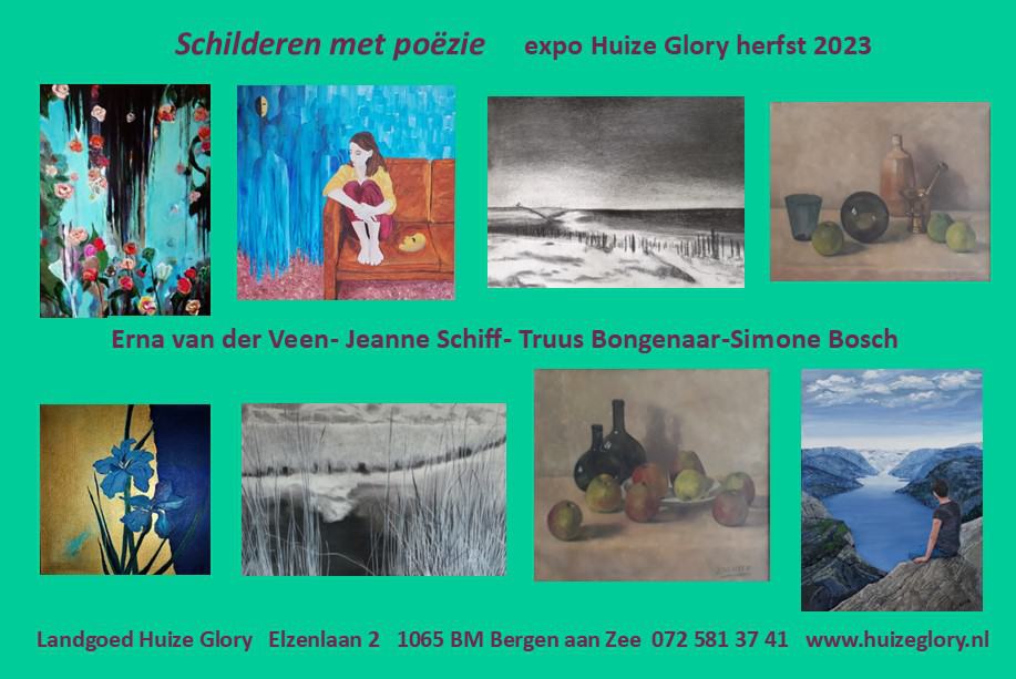 Flyer voor kunstexpositie huize glory herfst 2023. Titel: schilderen met poëzie. Kunstenaars: Erna van der Veen, Jeanne Schiff, Truus Bongenaar en Simone Bosch.